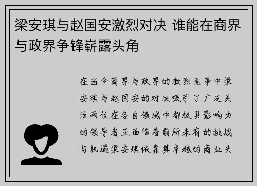 梁安琪与赵国安激烈对决 谁能在商界与政界争锋崭露头角